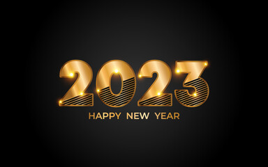 2023 Golden Typography Happy New Year Black And Gold Background With Glitter Effects 2023 Creative Lettering Logo