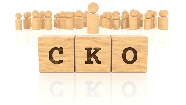 Word CKO chiselled on wooden cubes reflected on the white table. Business concept. In the back are wooden people in different sizes. (3D rendering)