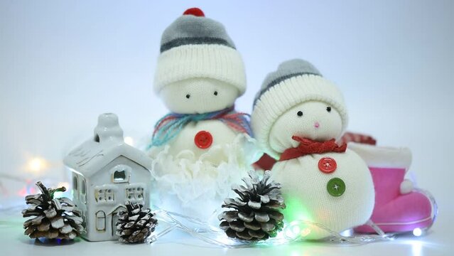 Celebrate christmas and happy new year isolated on white background.Handmade snowmans.