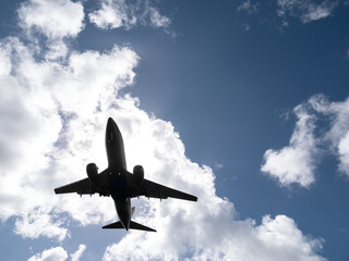 Airplane on sky and clouds background