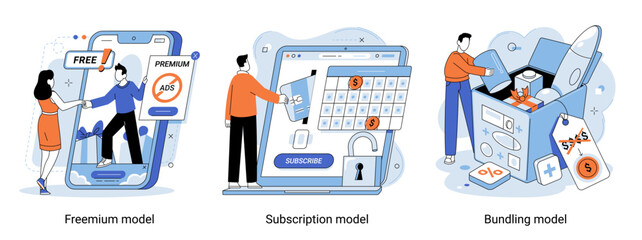 Metaphor set marketing model. Free period, bundle set. Freemium, subscription and bundling models. Promotion modeling digital processes concept. People working to create visual structures in business