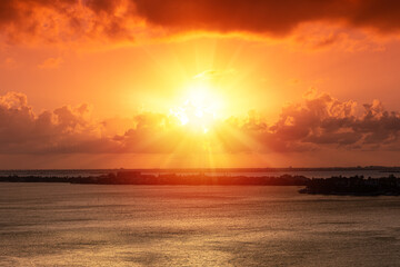 Sunset on tropical sea. Aerial view