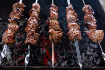 Close-up of skewered meat (shashlyk or Shish kebab) on the barbecue grill over charcoal