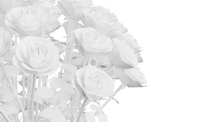White rose with small white leaves under white background. Concept image of happy Invitation and reception sign. 3D high quality rendering. 3D illustration. High resolution. PNG file format.