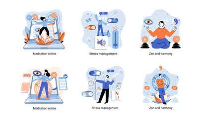 Meditation online. Self-management, self regulation learning, self-organization course, control over emotions metaphor Online yoga at home meditating. Deals with stress management, zen and harmony