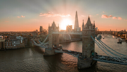 Aerial view of the London Tower Bridge at sunset. Sunset with beautiful clouds over London - the capital of Britain.