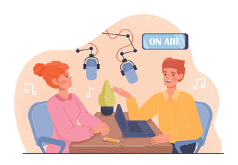 Radio host concept. Man and woman sitting near microphones. Young girl and guy hosting show or recording podcast. People in studio create interesting content. Cartoon flat vector illustration