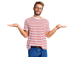 Handsome blond man with beard wearing casual clothes and glasses smiling showing both hands open palms, presenting and advertising comparison and balance