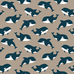 Vector seamless pattern with cute killer whales