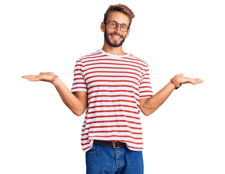 Handsome blond man with beard wearing casual clothes and glasses smiling showing both hands open palms, presenting and advertising comparison and balance