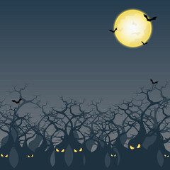 happy halloween on dark night with full moon and ghost trees background concept and empty space for display logo and content, creative design vector illustration.