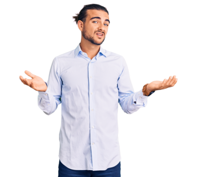 Young handsome man wearing business clothes clueless and confused with open arms, no idea concept.