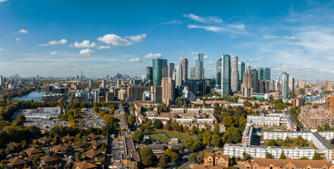 Aerial panoramic skyline view of Canary Wharf, the worlds leading financial district in London, UK....