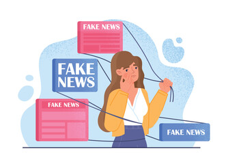 Woman under influence. Girl walks with fake news badges tied. Misinformation, lies and deceptions. Trusting character. Propaganda and manipulation of information. Cartoon flat vector illustration