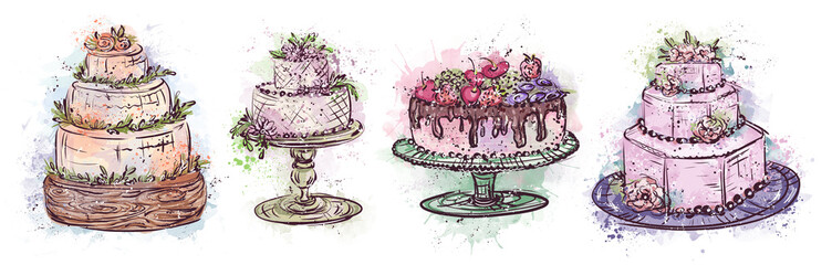 A set of wedding cakes, a watercolor sketch. Holiday dessert in vintage style. Hand-drawn wedding cake in Provence style