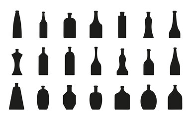 Bottle black silhouette big set. Different shapes simple flask for alcohol beverage pictogram isolated on white. Pub bar alcoholic flat symbol. Vodka whiskey soda beer water brandy champagne