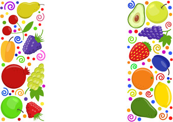 Fruit berries copy space frame. Fresh raspberry strawberry blackberry, bramble, dewberry grapes lemon peach pomegranate cherry apricot apple pear plum orange avocado. Healthy food flat icons border