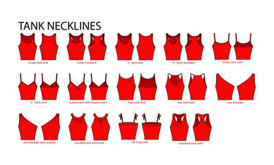 Set of necklines tank clothes - tops, cami, one shoulder, scoop, racerback, V-neck, cowl technical fashion illustration. Flat apparel template front, back sides. Women, men unisex CAD mockup