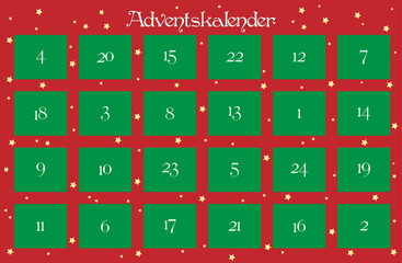 Advent Kalender mit 24 Türchen nummeriert,
Tradition in der Adventszeit,
Vektor Illustration in rot grün