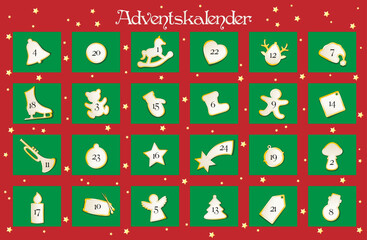 Advent Kalender mit 24 Weihnachtliche Motive,
Tradition in der Adventszeit,
Vektor Illustration in rot, grün, weiß und gold
