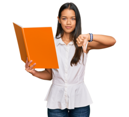 Beautiful hispanic woman reading book with angry face, negative sign showing dislike with thumbs down, rejection concept