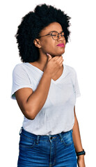 Young african american woman wearing casual white t shirt touching painful neck, sore throat for flu, clod and infection