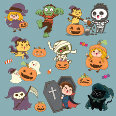 Vintage Halloween poster design with vector witch, vampire, skeleton, zombie, mummy, jack o lantern, ghost character. 