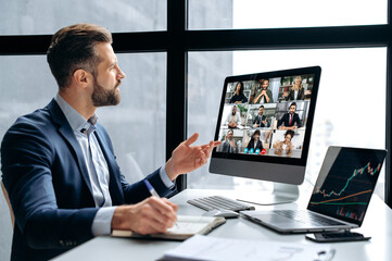 Clever successful businessman conducts brainstorm. Company boss, stock investor, having conversation with group of multiracial people by video conference, discuss investments in the stock market,risks