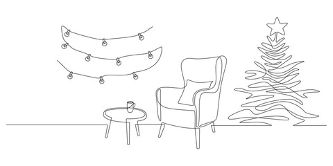 One continuous Line drawing of festive interior with armchair and christmas tree, table and garland. Modern cozy furniture for living room decor in simple linear style. Doodle vector illustration