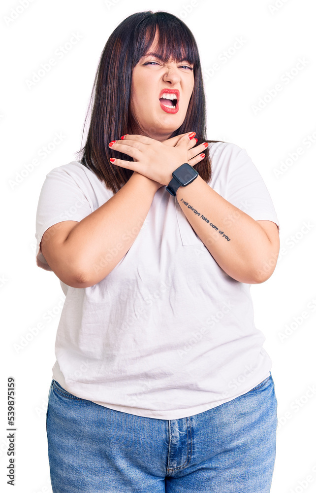 Sticker young plus size woman wearing casual clothes shouting suffocate because painful strangle. health pro