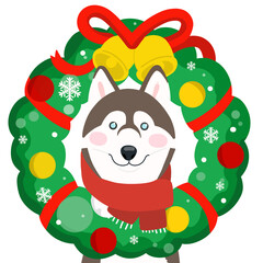 Cute doodle dog with wreath for Christmas day