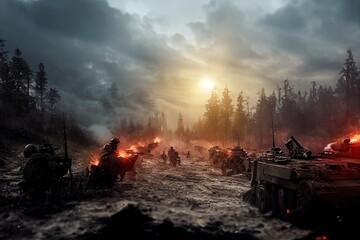World War tanks and men fighting in the wasteland at dawn. An explosion and soldiers fighting in the battle of a world war at dawn. 3D rendering. - obrazy, fototapety, plakaty