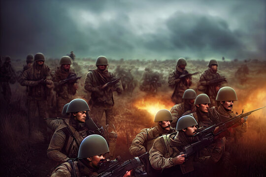 soldiers of infantry fighting in the trench of a wasteland. Soldiers shooting fire in the battle of a world war. 3D rendering.