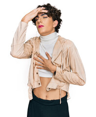 Handsome man wearing make up and woman clothes touching forehead for illness and fever, flu and cold, virus sick