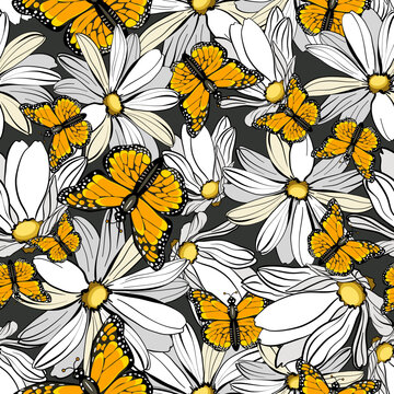 Seamless floral pattern with monarch butterflies in daisy flowers vector illustration 