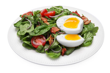 Delicious salad with boiled egg, bacon and tomatoes isolated on white