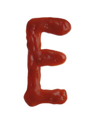 Letter E written with ketchup on white background