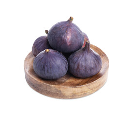 Wooden plate with whole fresh purple figs isolated on white