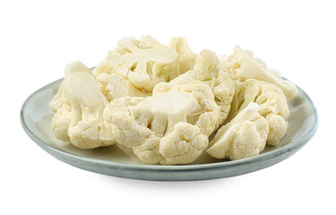 Plate with cut fresh raw cauliflowers on white background