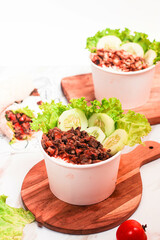 rice ball with kebab meat and fresh vegetables