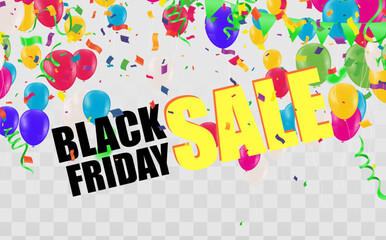 Black friday sale banner layout  posters or flyers design with balloons and confetti. Vector illustration. Place for text.