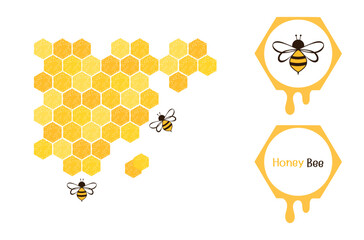 Hexagon honey sign logo with bee cartoon isolated on white background vector illustration.
