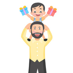 Young boy on dad get box of gift in birthday or new year, give present