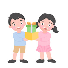 Young boy and girl get box of gift in birthday or new year, give present