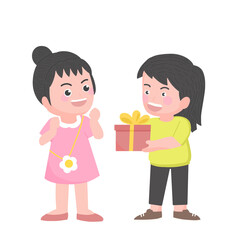 Young boy and girl get box of gift in birthday or new year, give present