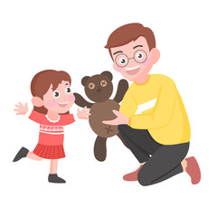 father and dad holding teddy bear gift for young girl, give present
