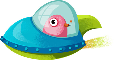 Pink alien flies in space rocket isolated on white background