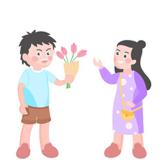 boy give flower to girl, give present