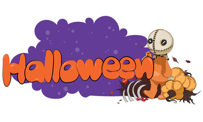 Happy Halloween banner or party invitation background with night clouds and pumpkins. Vector illustration. Full moon in the sky, spiders web and flying bats. Place for text