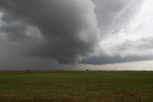 Thick Storm Clouds Hanging Over an Field with Emerging Crop in Oklahoma